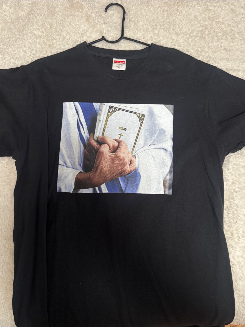 Supreme Black Graphic Tee With Prayer Book Image